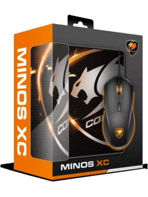 Souris de jeu Minos XC avec capteur optique de haute précision, six boutons programmables et rétroéclairage LED personnalisable. Livrée avec un tapis de souris.