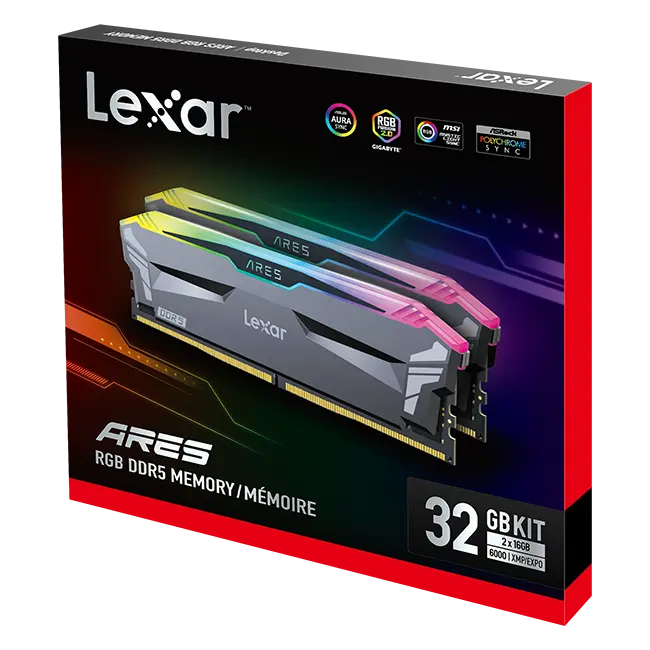 Le kit Lexar 32Go DDR5 RGB 6000MHz, composé de barrettes mémoire haute performance aux couleurs personnalisables, offrant un équilibre parfait entre puissance et style pour votre configuration informatique.